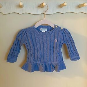Ralph Lauren Pastel blue cable knit ruffle detail sweater, pink contrast logo